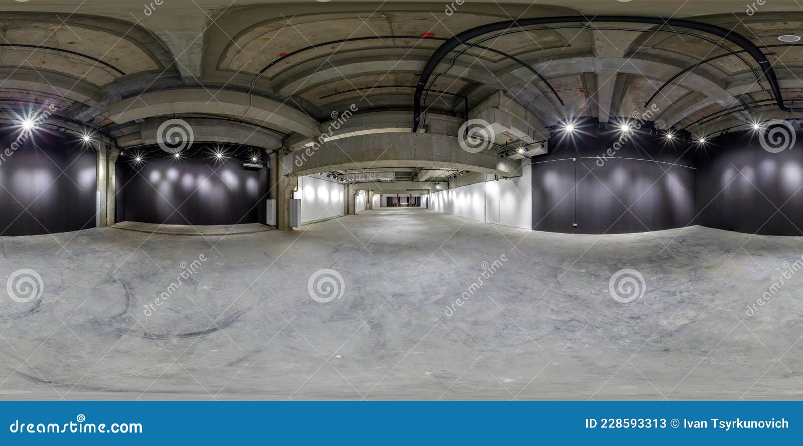 full seamless spherical hdri panorama 360 degrees in interior of large empty room as warehouse, hangar or gallery with spotlights