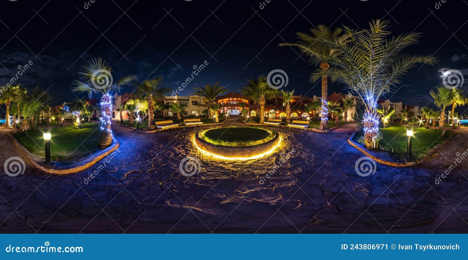full seamless spherical night hdr 360 panorama on territory of elite hotel with palm trees and neon  lights in desert on shores of