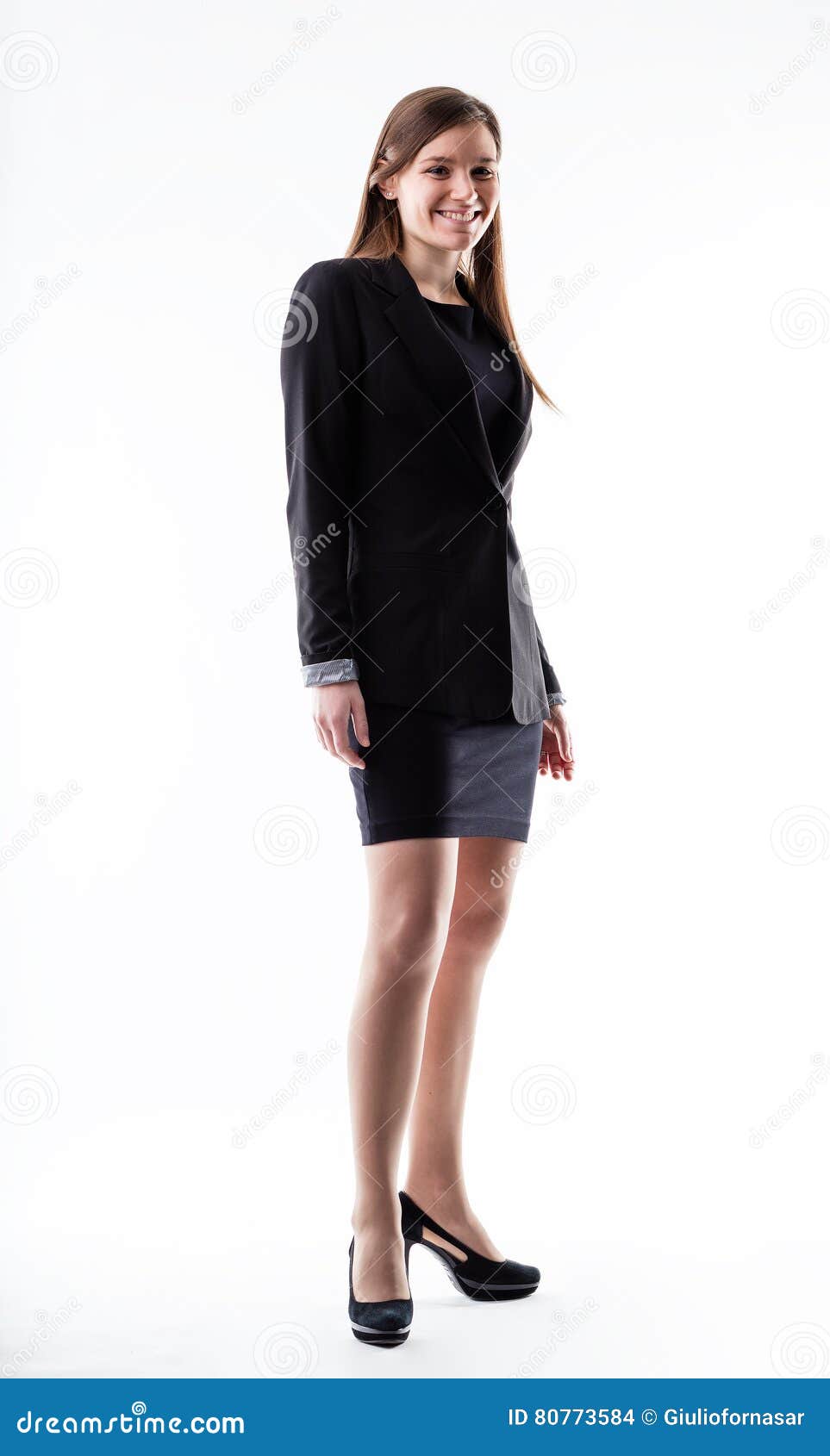 Full Body Woman Portrait Standing In Business Dress Suit In Full