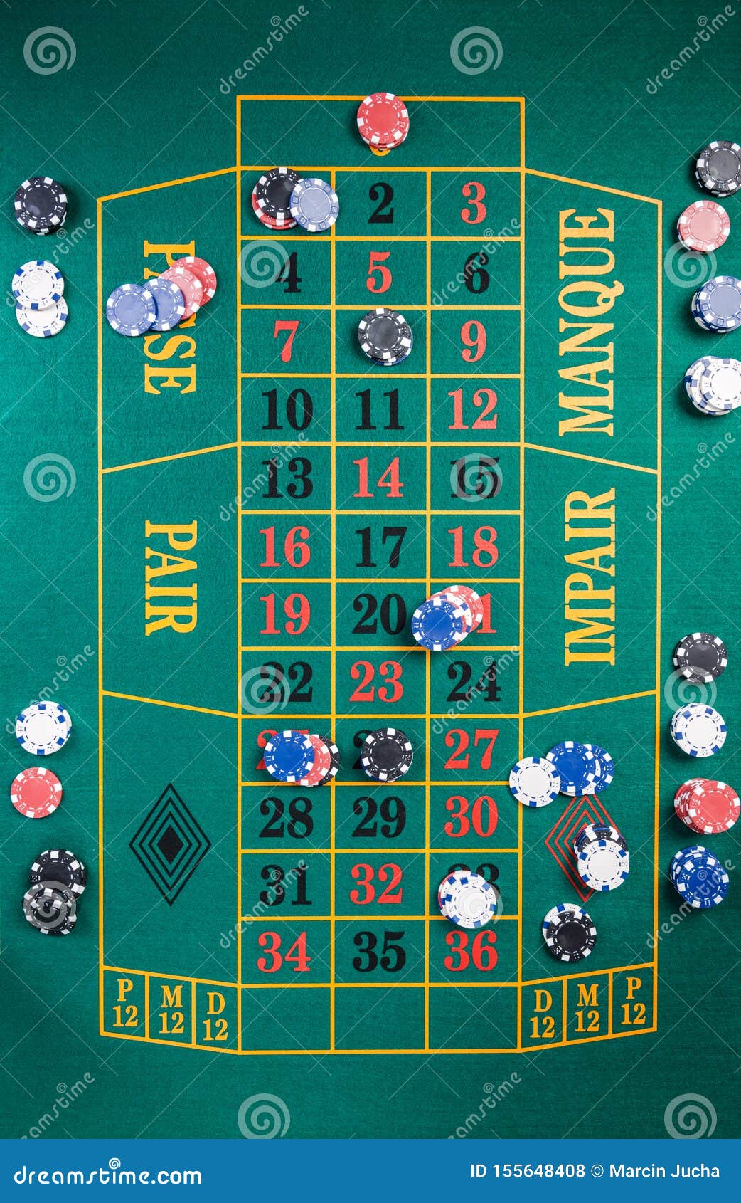 Full Size Casino Roulette Table. Green Felt with Numbers Stock Photo