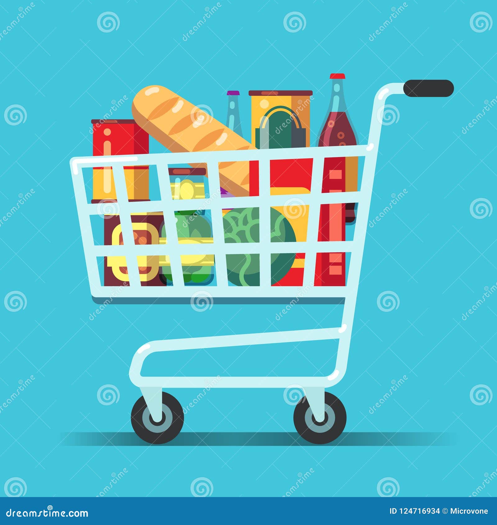 full supermarket shopping cart. shop trolley with food. grocery store  icon