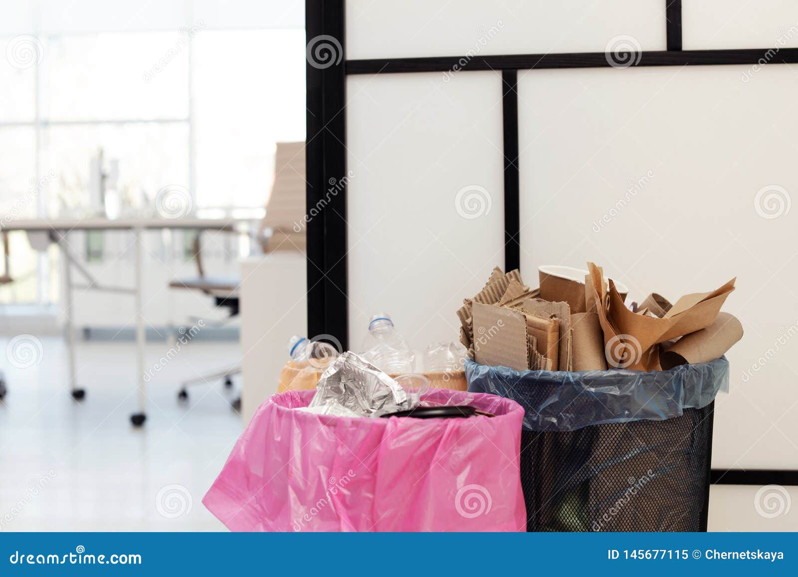 Full Trash Cans in Modern Office. Waste Recycling Stock Image Image