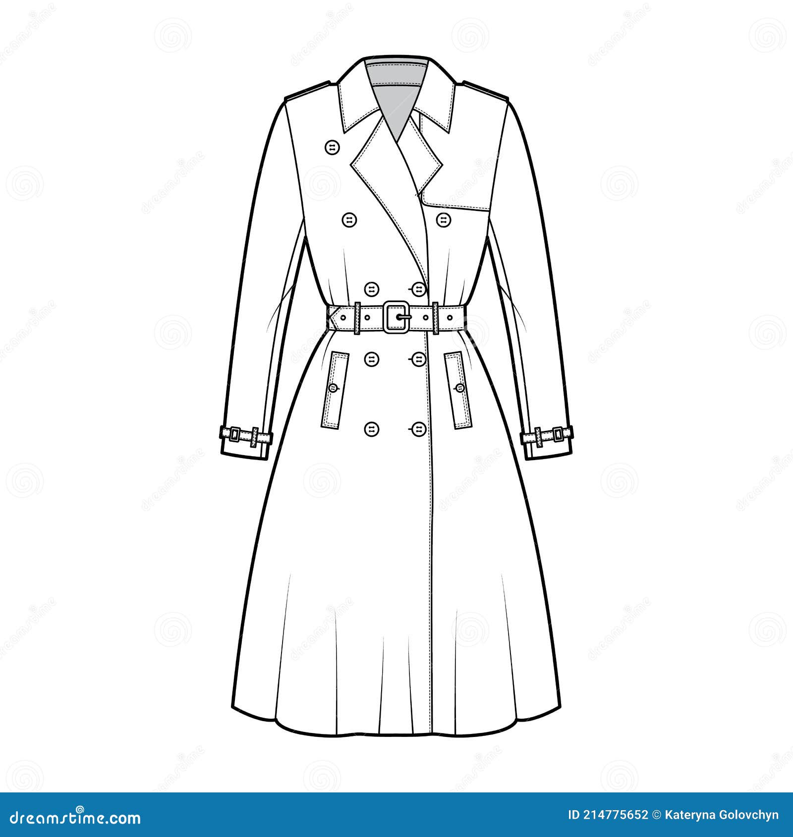 Full Trench Coat Technical Fashion Illustration with Belt, Double ...