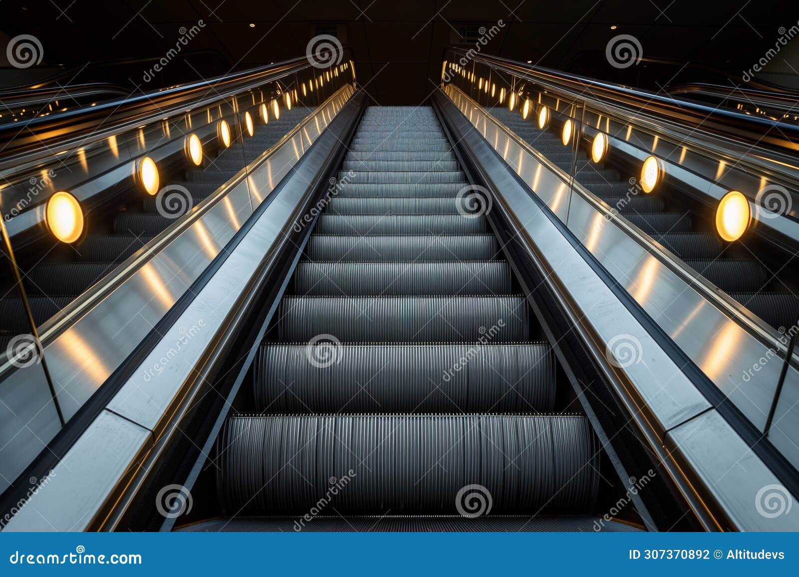 fulllength view of an empty escalator with lights on