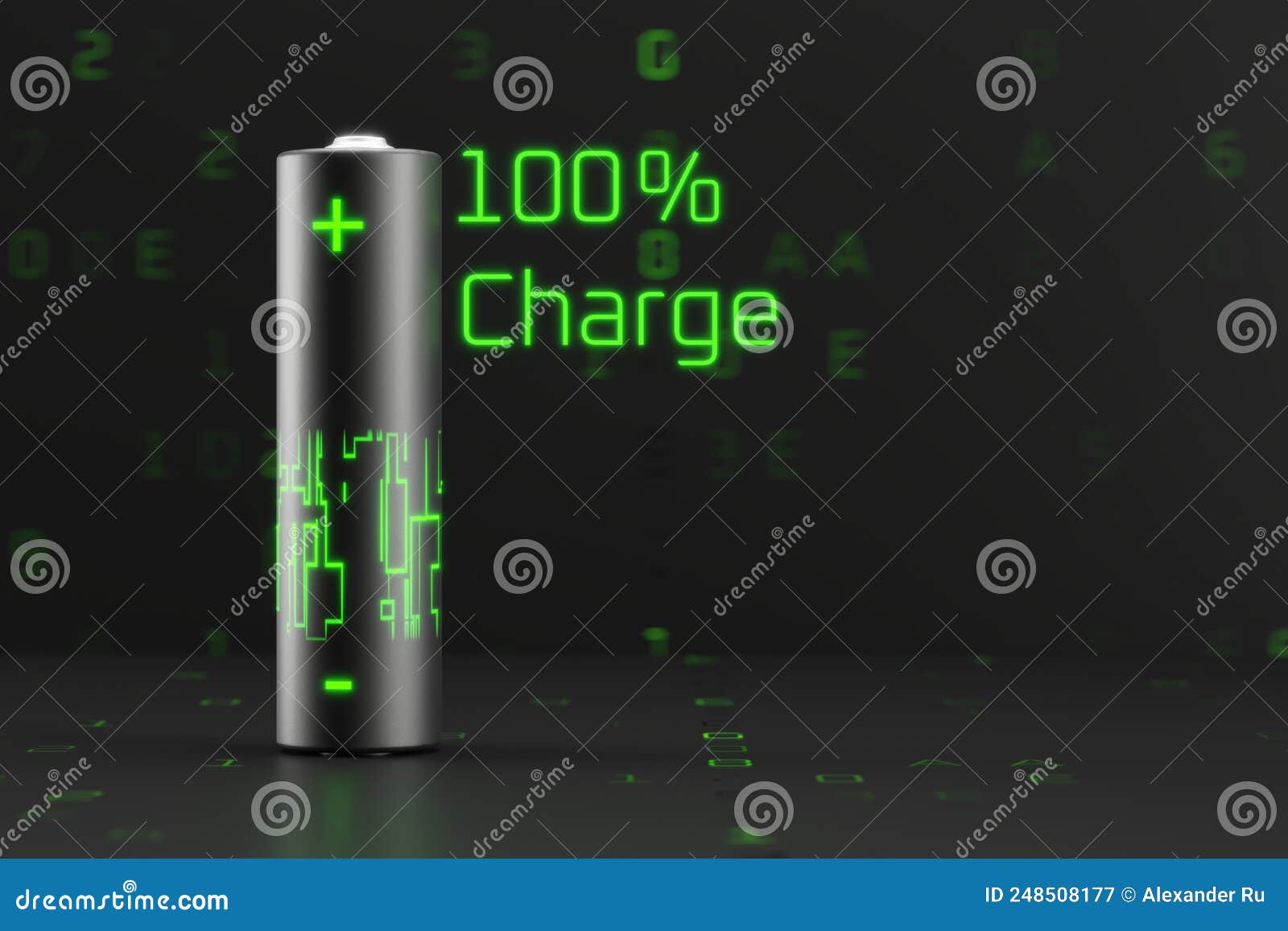 A Fully Charged AA Battery on a Futuristic Digital Design. 3d Render