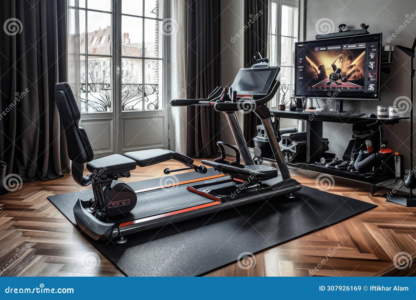 A Fully-equipped Home Gym Featuring Exercise Equipment and a Television