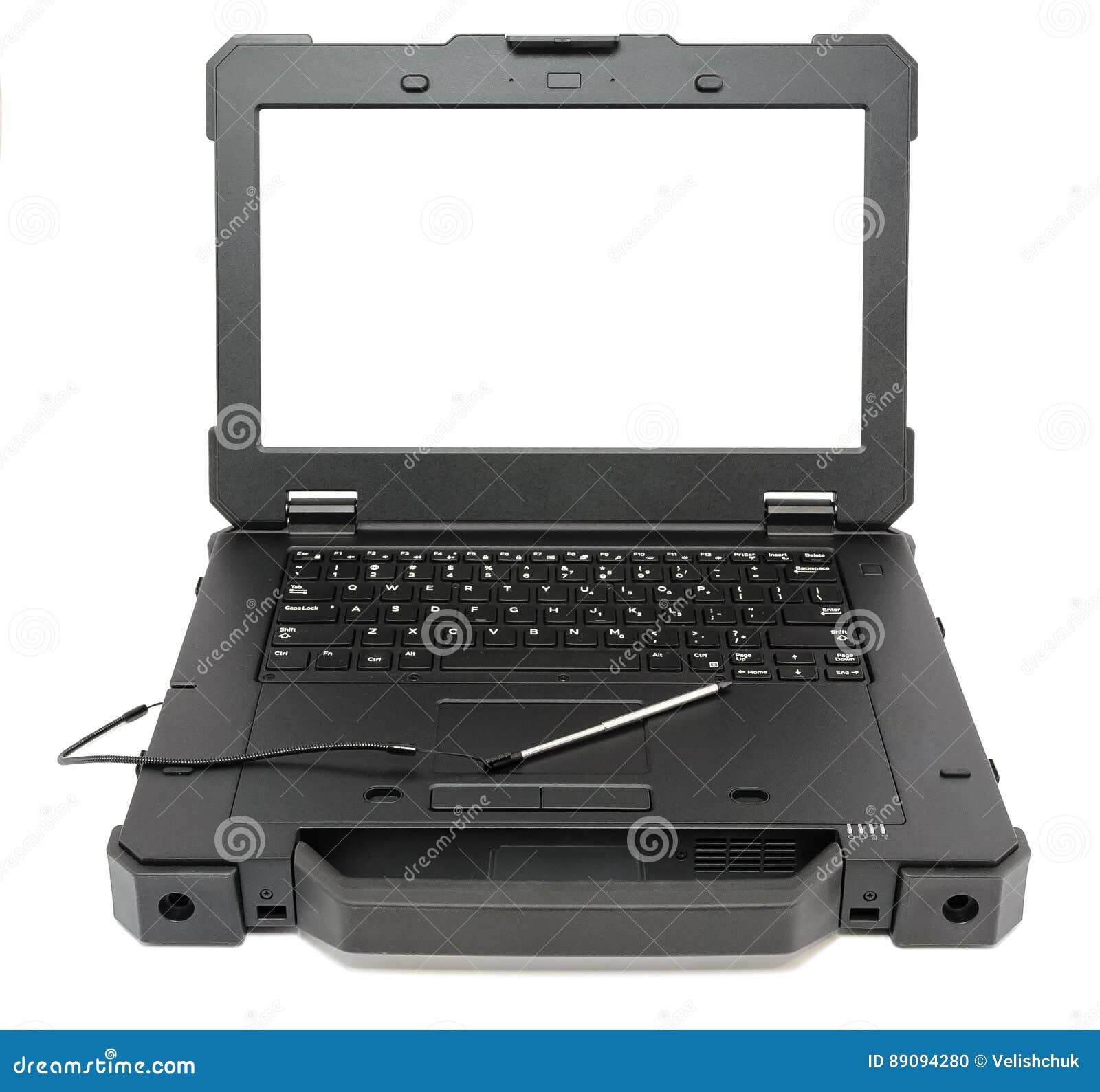 fully rugged laptop with blank screen,  on a white.