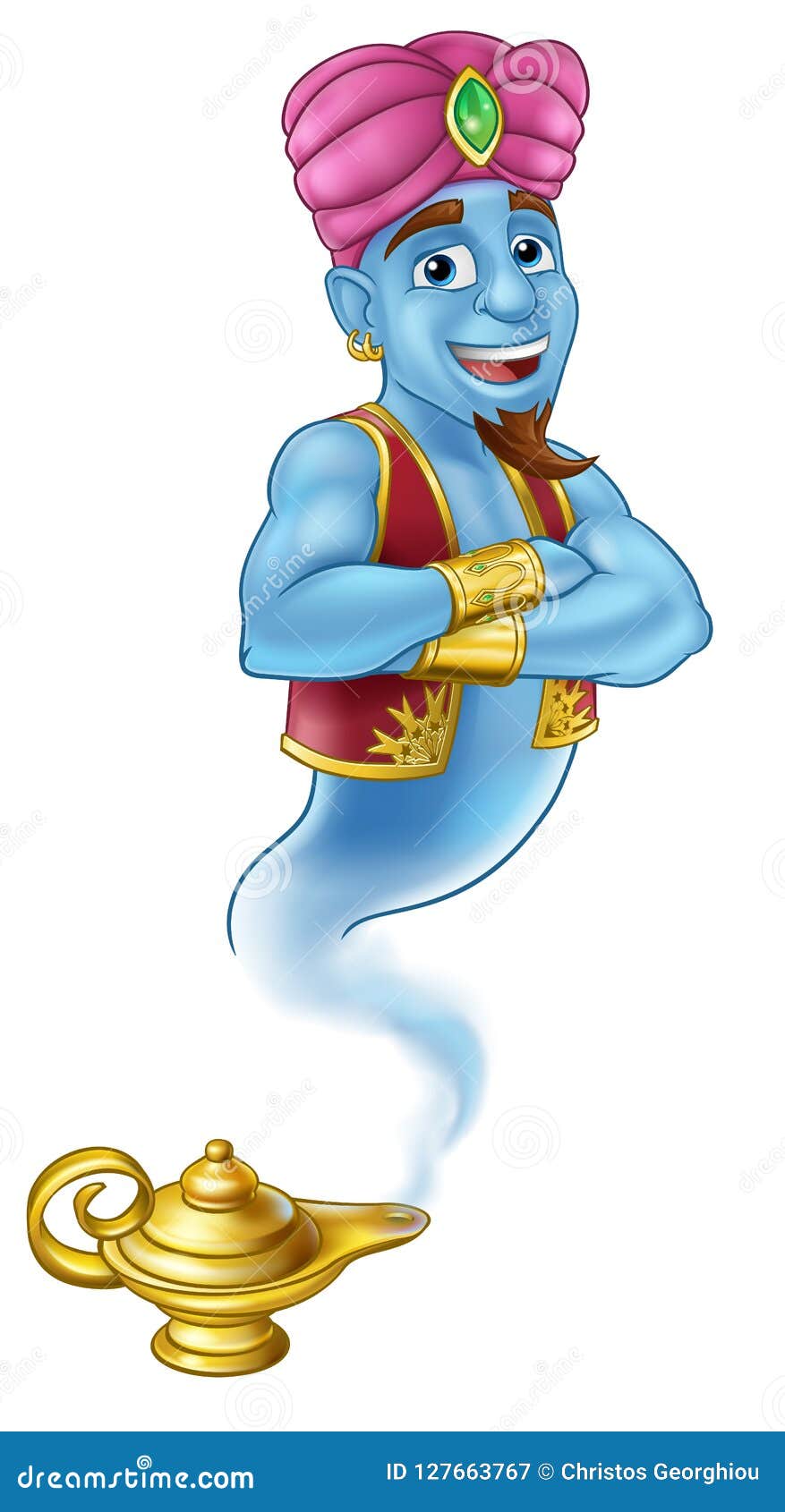 Fumetto di Genie Magic Lamp Aladdin Pantomime. Un personaggio dei cartoni animati dei genii che esce da una lampada magica dell'oro come nella storia o il pantomimo di Aladdin