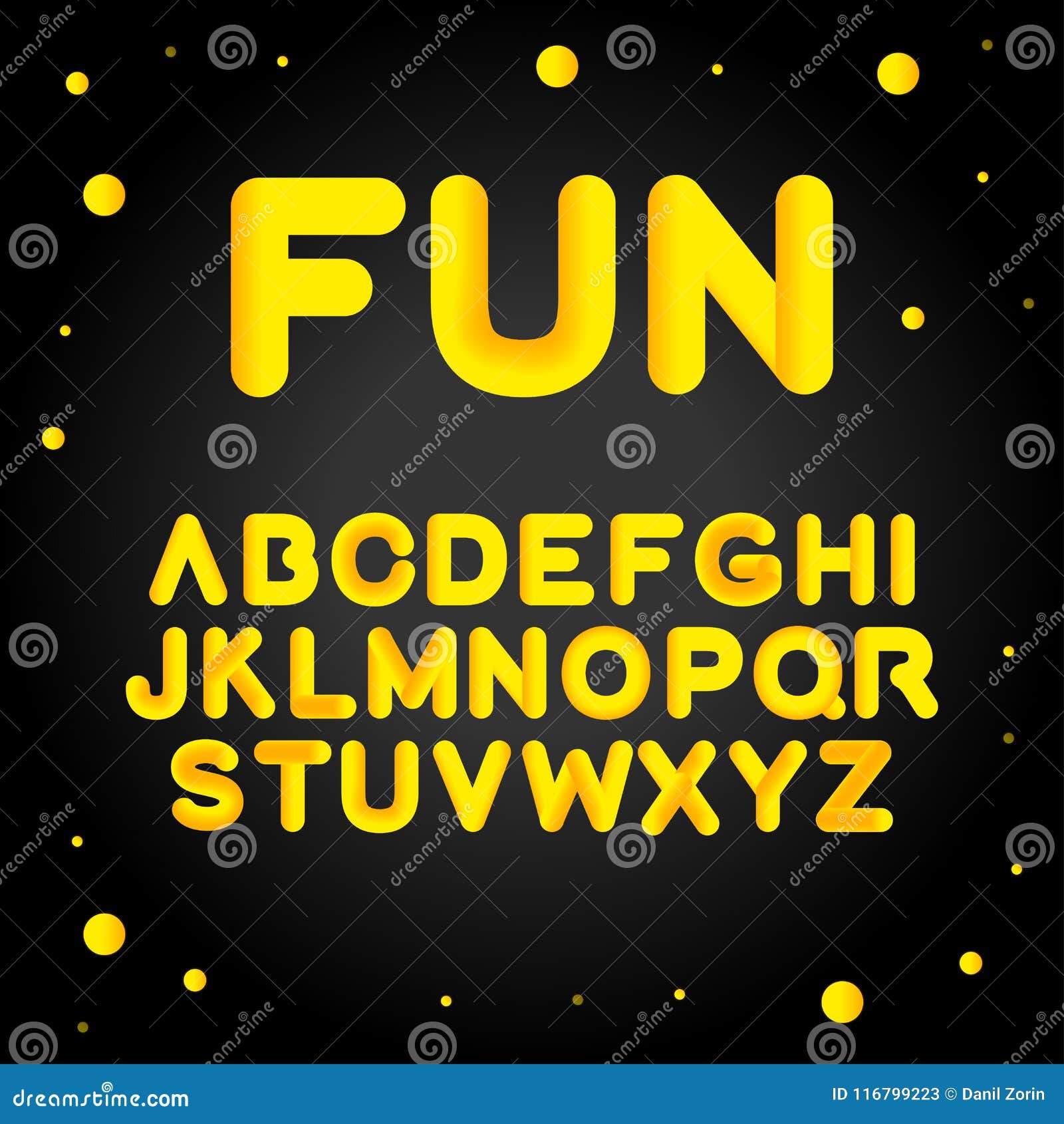 Fun Alphabet Gold Letters on Black Background. Vector Set Cartoon Alphabet Gold Letters ...