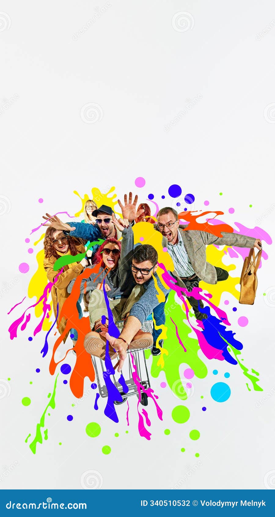 fun and chaotic group rushes forward, covered in colorful splashes, dash toward black friday discounts. chaos. creative
