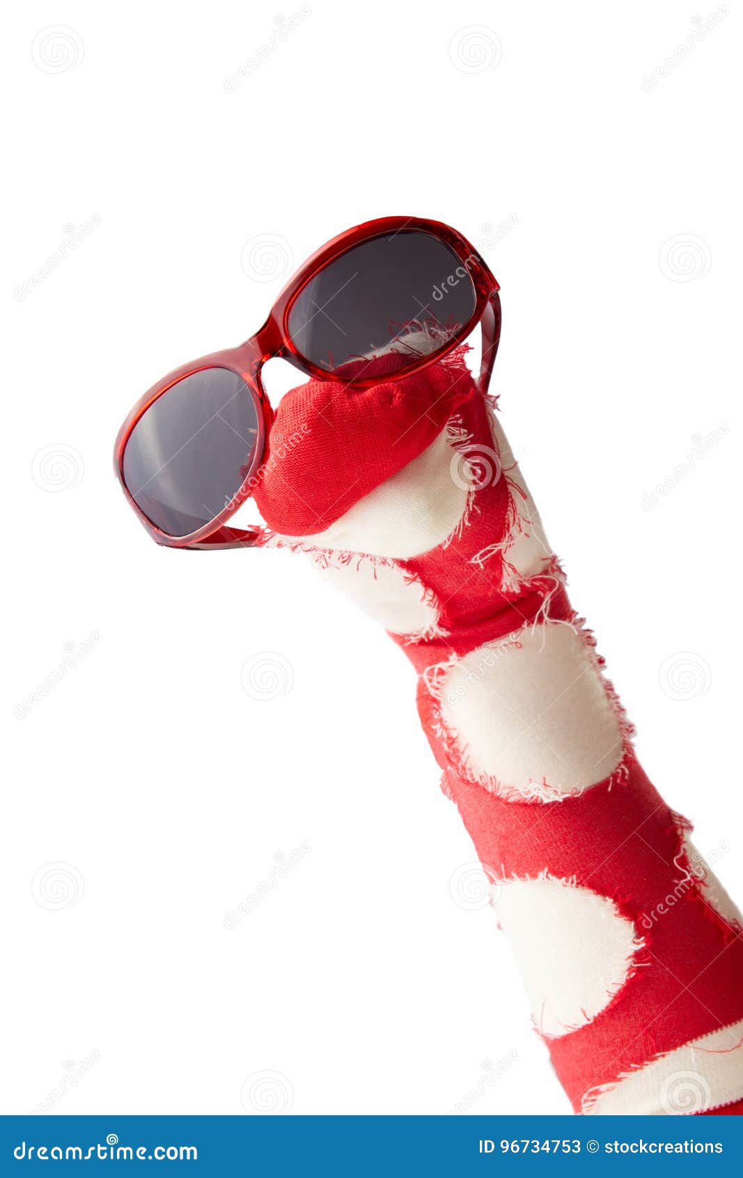 fun colorful red sock puppet in sunglasses