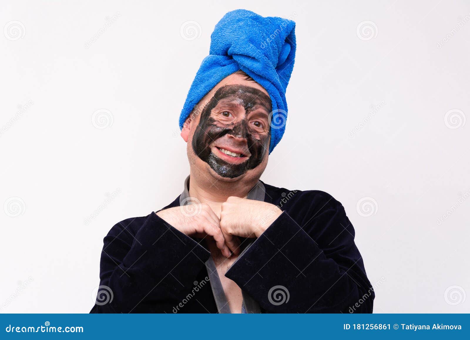 A Fun Concept of Cosmetology. a Funny Fat Man with a Black Cream Mask on  His Face, in a Dressing Gown and a Blue Towel Stock Photo - Image of  mature, beard: 181256636