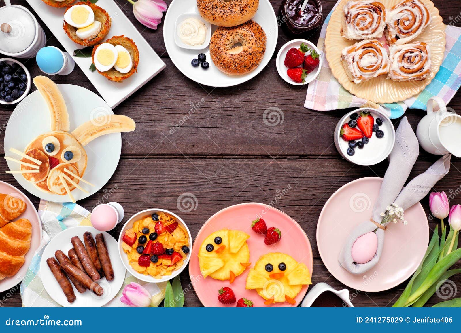 Fun Easter Breakfast or Brunch Frame. Above View on a Dark Wood ...