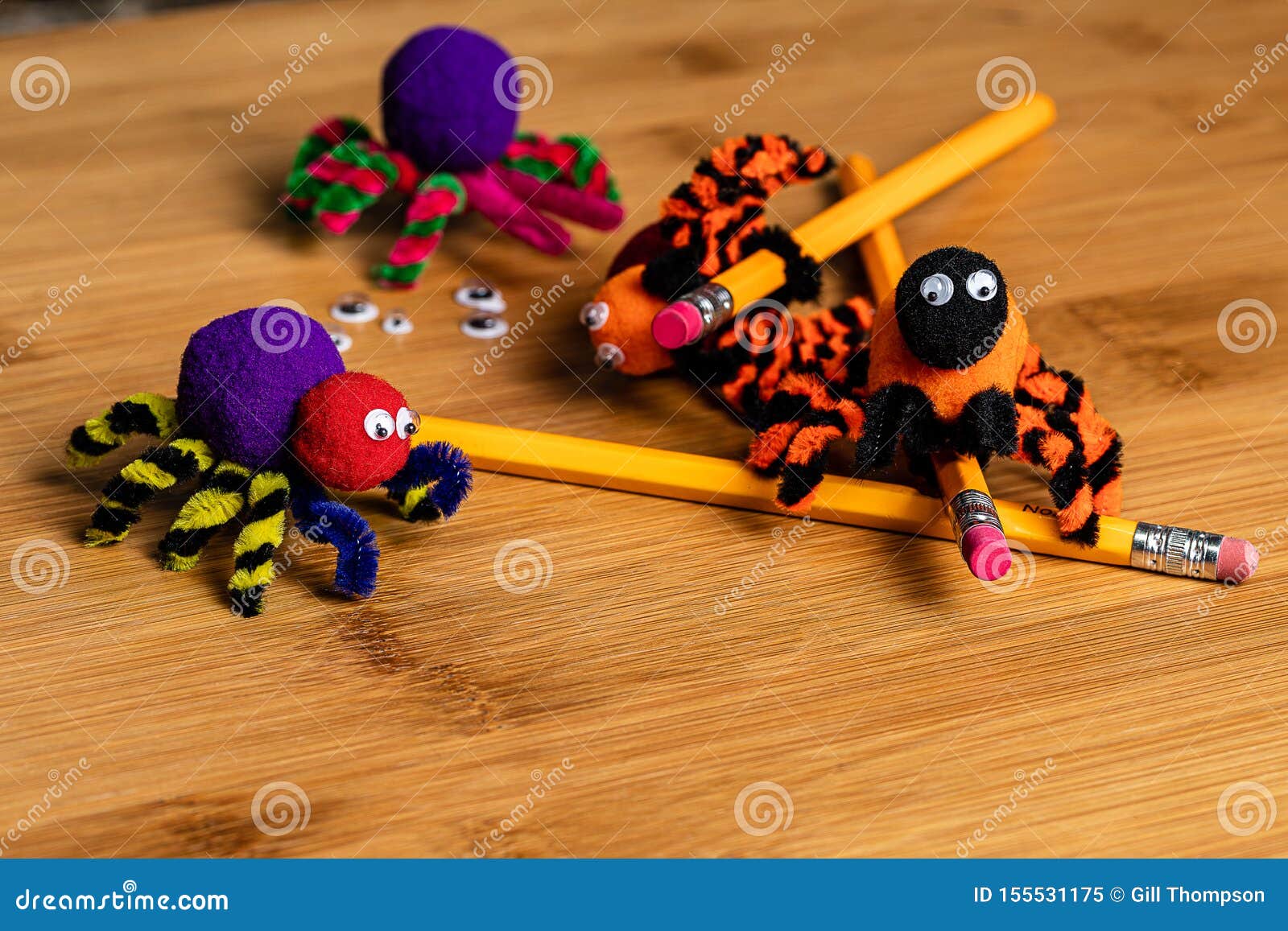 Fun Halloween Crafts Spiders Made Of Pom Poms And Pipe Cleaners Attach To Pencils Stock Image Image Of Attach Googly