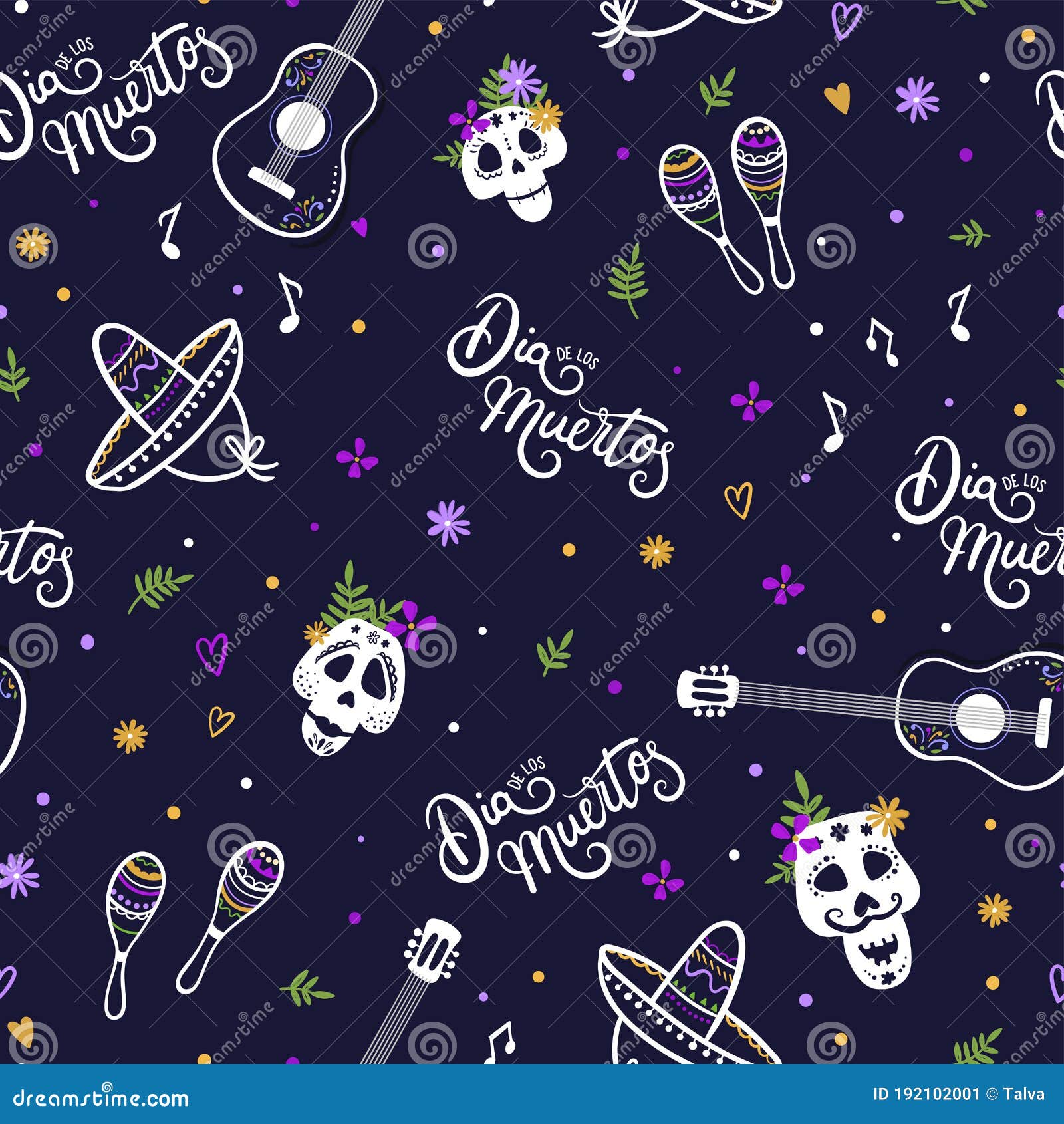 fun hand drawn dia de los muertos `day of the dead` seamless pattern, great for textiles, banners, wallpapers, wrapping -  d