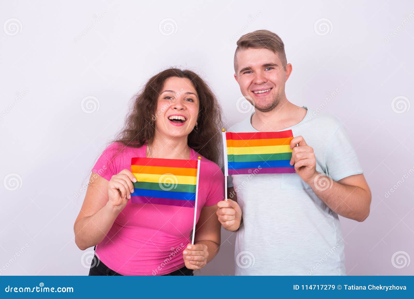 Fun Man and Woman Standing with Rainbow Flags, Lgbt Concept Stock Image ...