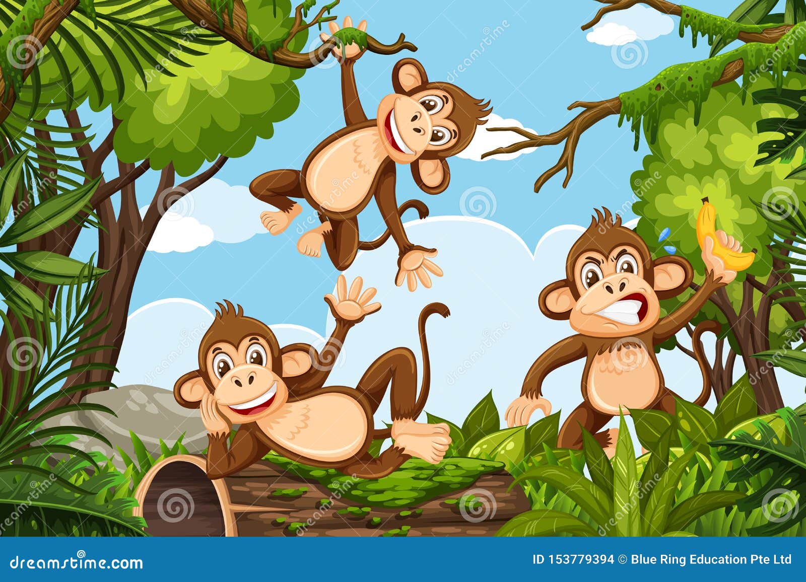  Fun  Monkeys In Jungle  Scene Stock Illustration 