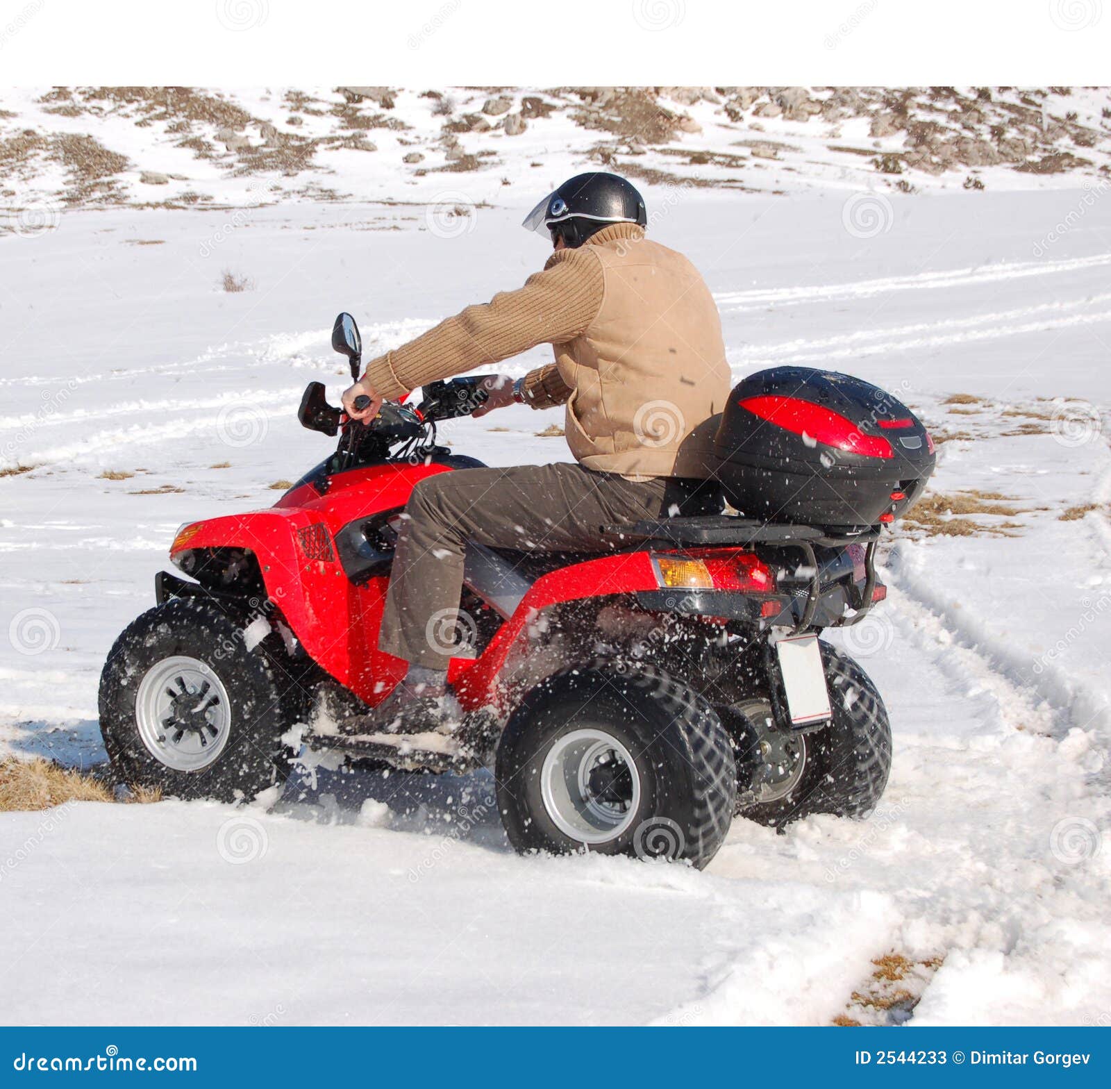 Fun with quad in snow stock image. Image of fast, adventure 2544233