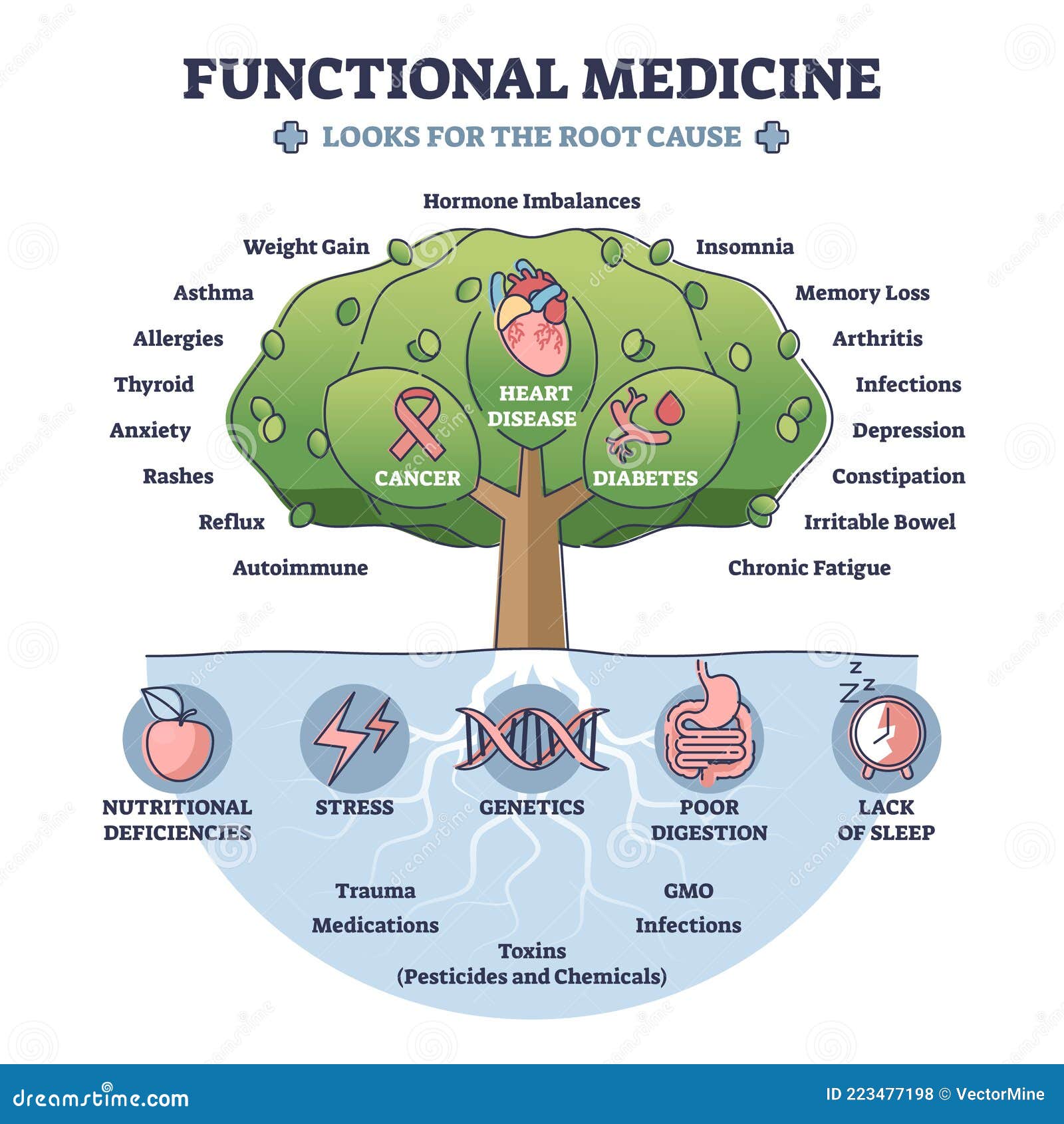 functional medicine as treatment with looks for root cause outline diagram