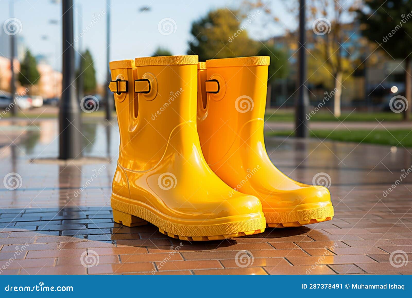 Functional Style, Array of Yellow Rain Boots Highlighted on a White