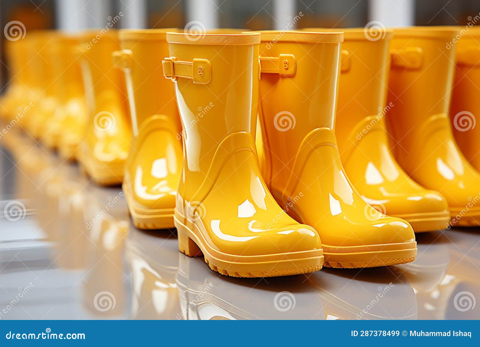 Functional Style, Array of Yellow Rain Boots Highlighted on a White