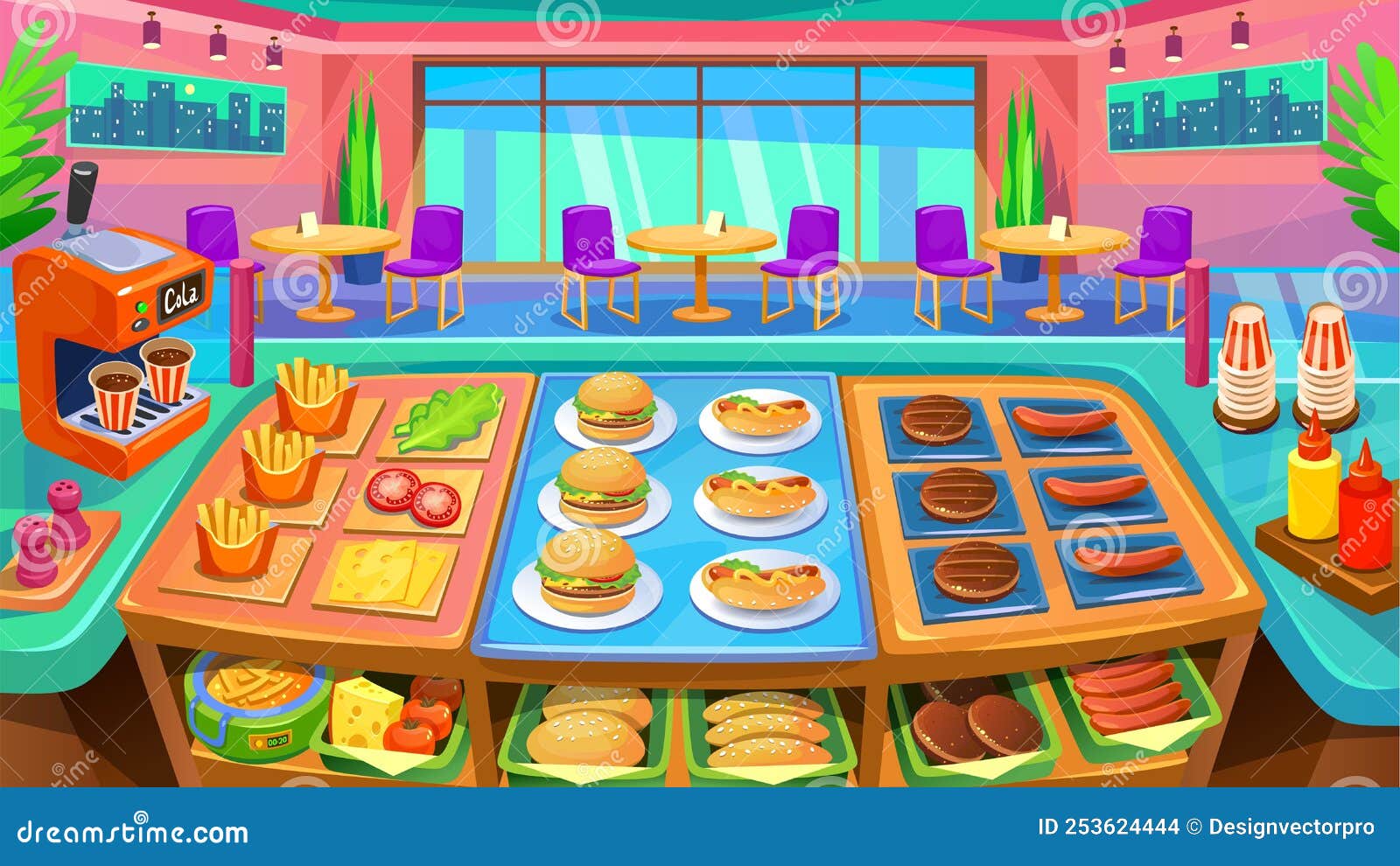 Fundo De Jogo Fast Food. Cozinha De Restaurante Estilo Cartoon Com