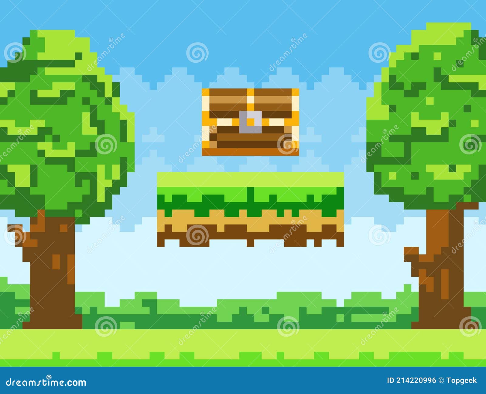 Céu de grama e fundo de pixel de jogo de nuvem