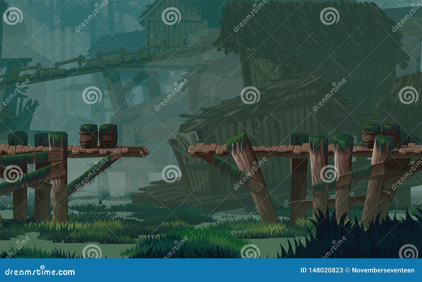 Fundo horizontal com deserto e palmas Ru?nas da cidade no horizonte. A high quality horizontal background swamp city location. Swampabandoned wooden huts, wooden bridges. For use in developing, prototyping adventure, side-scrolling games or apps.