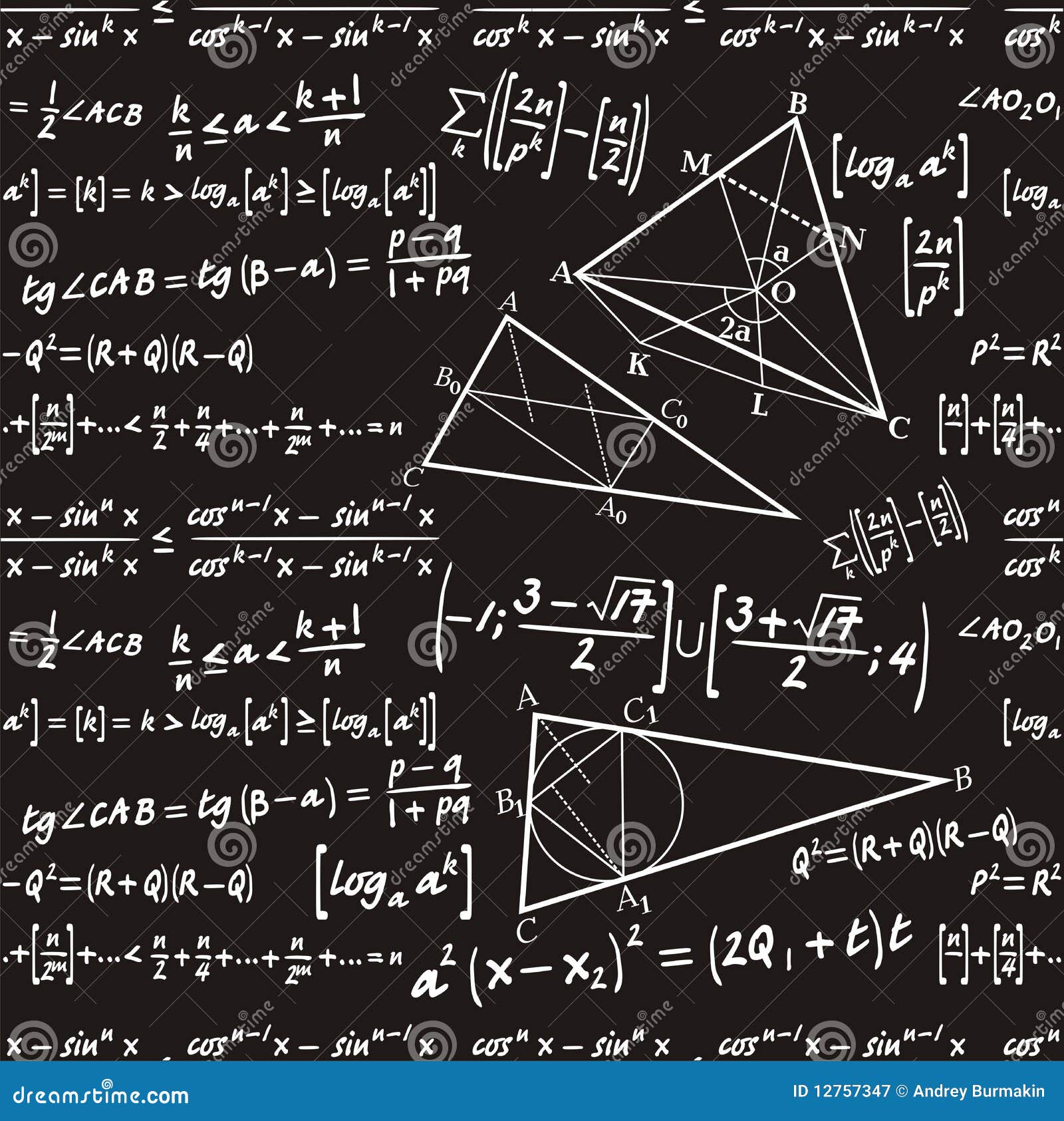 Fundo sem emenda. Fórmulas matemáticas sem emenda em um fundo preto