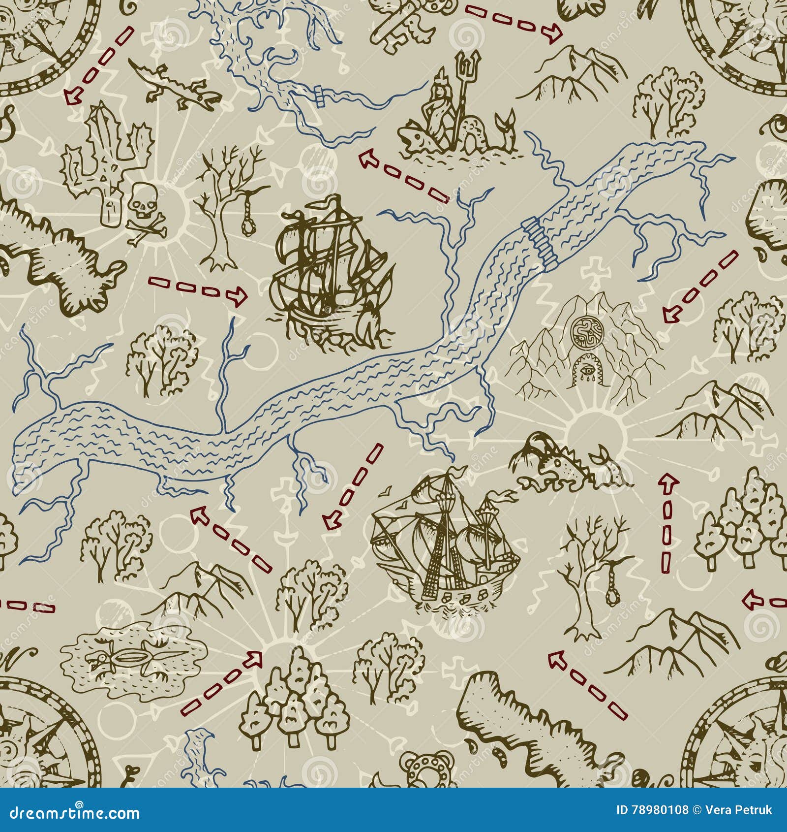 mapa de caça ao tesouro, ilustração vetorial em um fundo azul