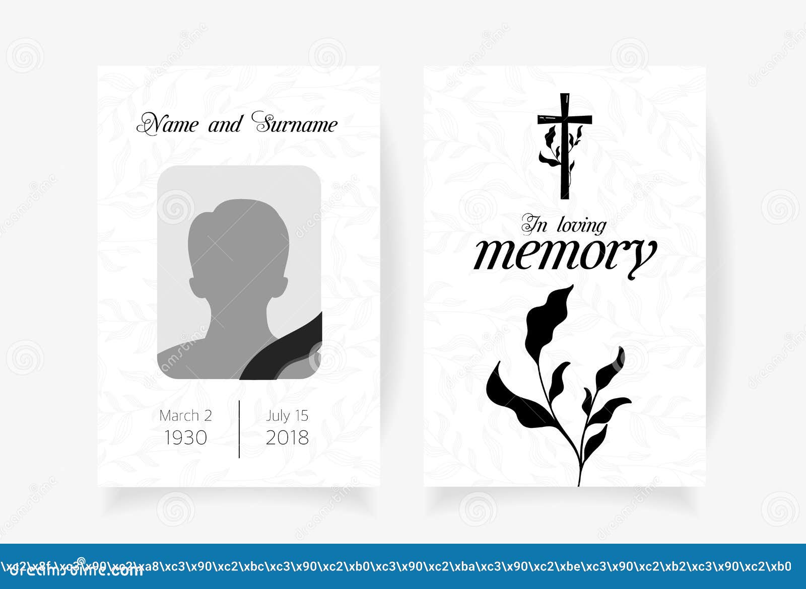 funeral card template  with branches place under photo cross name and dates of death.   in black
