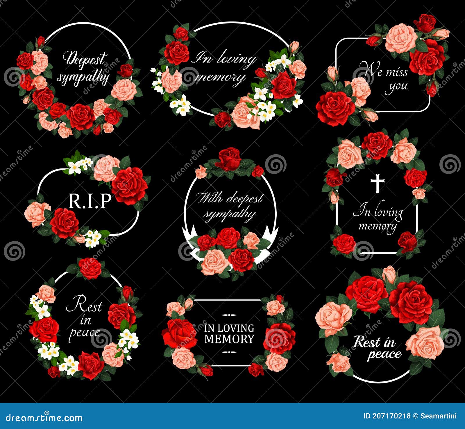 Funeral Vector Cards With Rose Flower Wreaths Set Stock Illustration