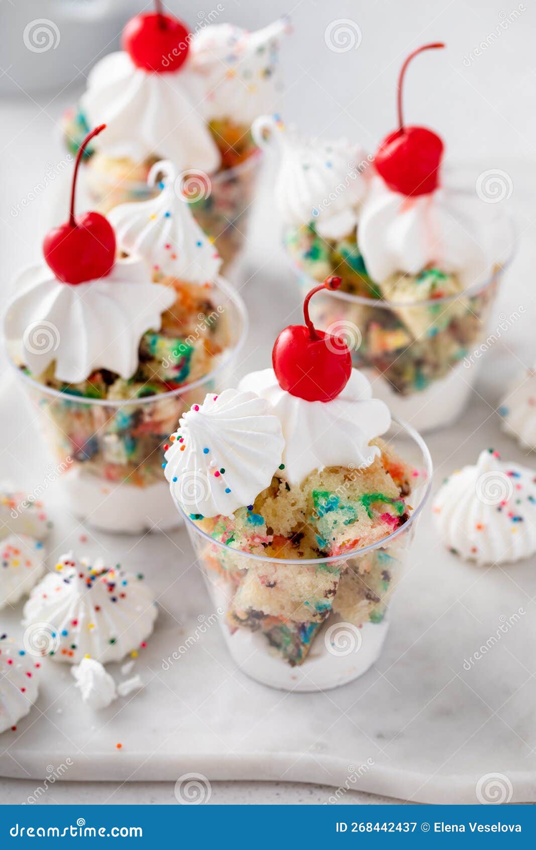 Funfetti Cake Trifle with Meringue Kisses and a Cherry on Top Stock