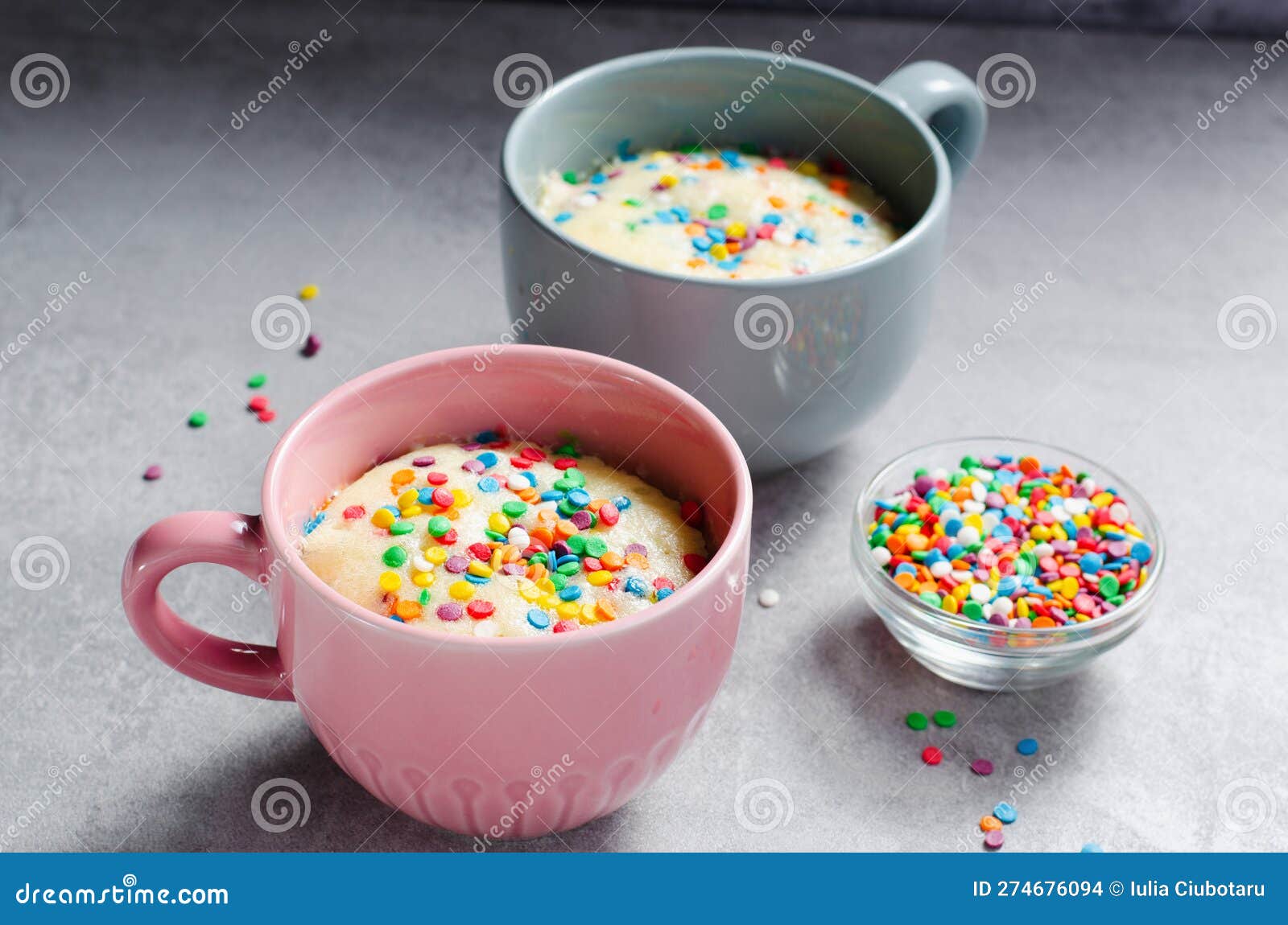 Funfetti Mug Cake, Homemade Cake Cooked in the Microwave Stock Photo
