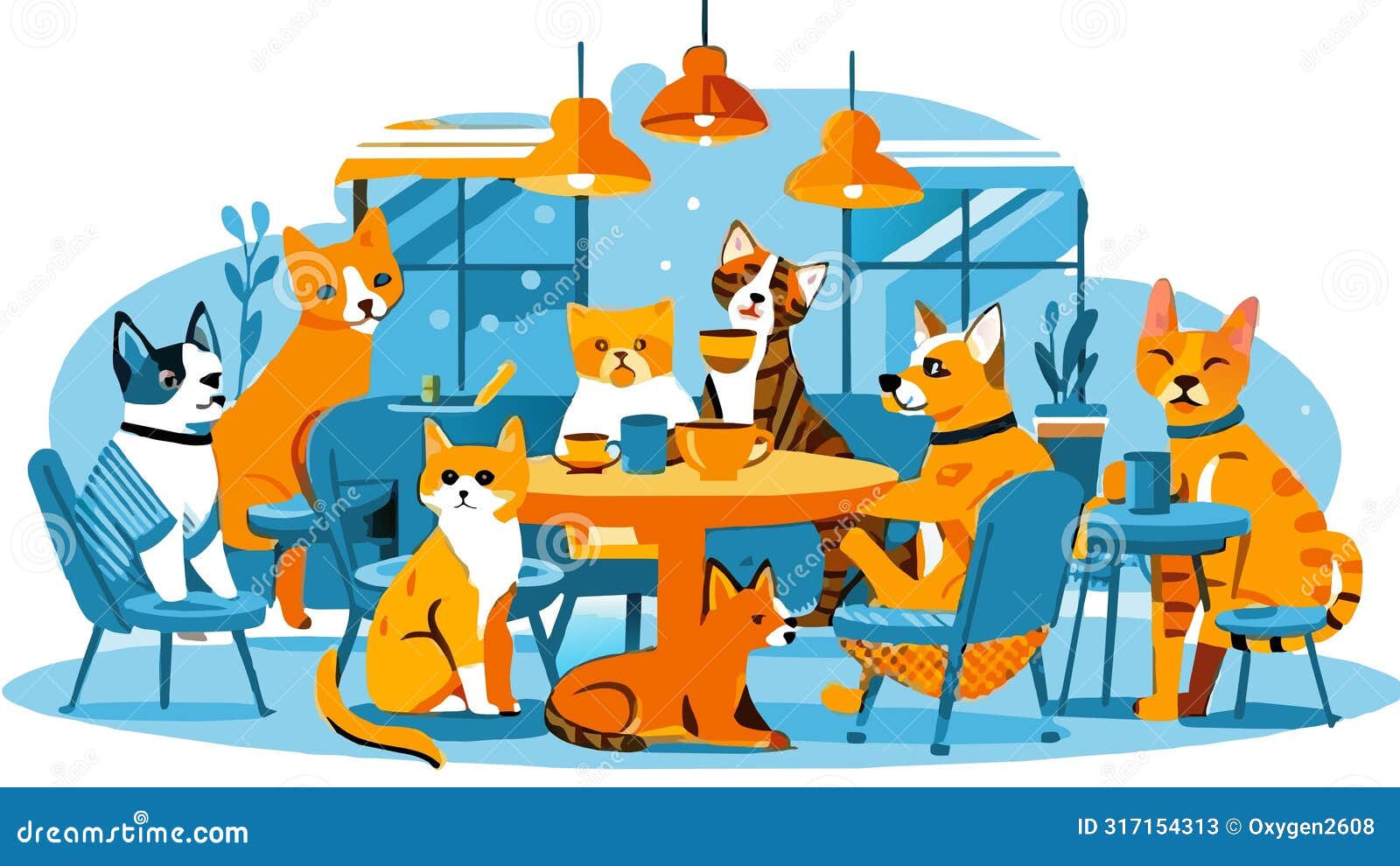 funky feline friends enjoying a cozy cafe gathering