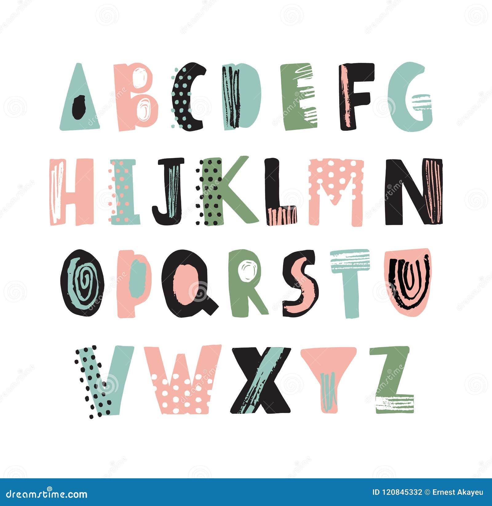 funky latin font or childish english alphabet hand drawn on white background. colorful textured letters decorated with