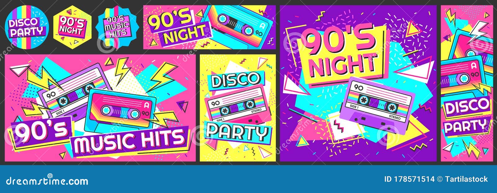 funky 90s disco party poster. nineties music hits banner, 90s dancing night invite and retro stereo tape 