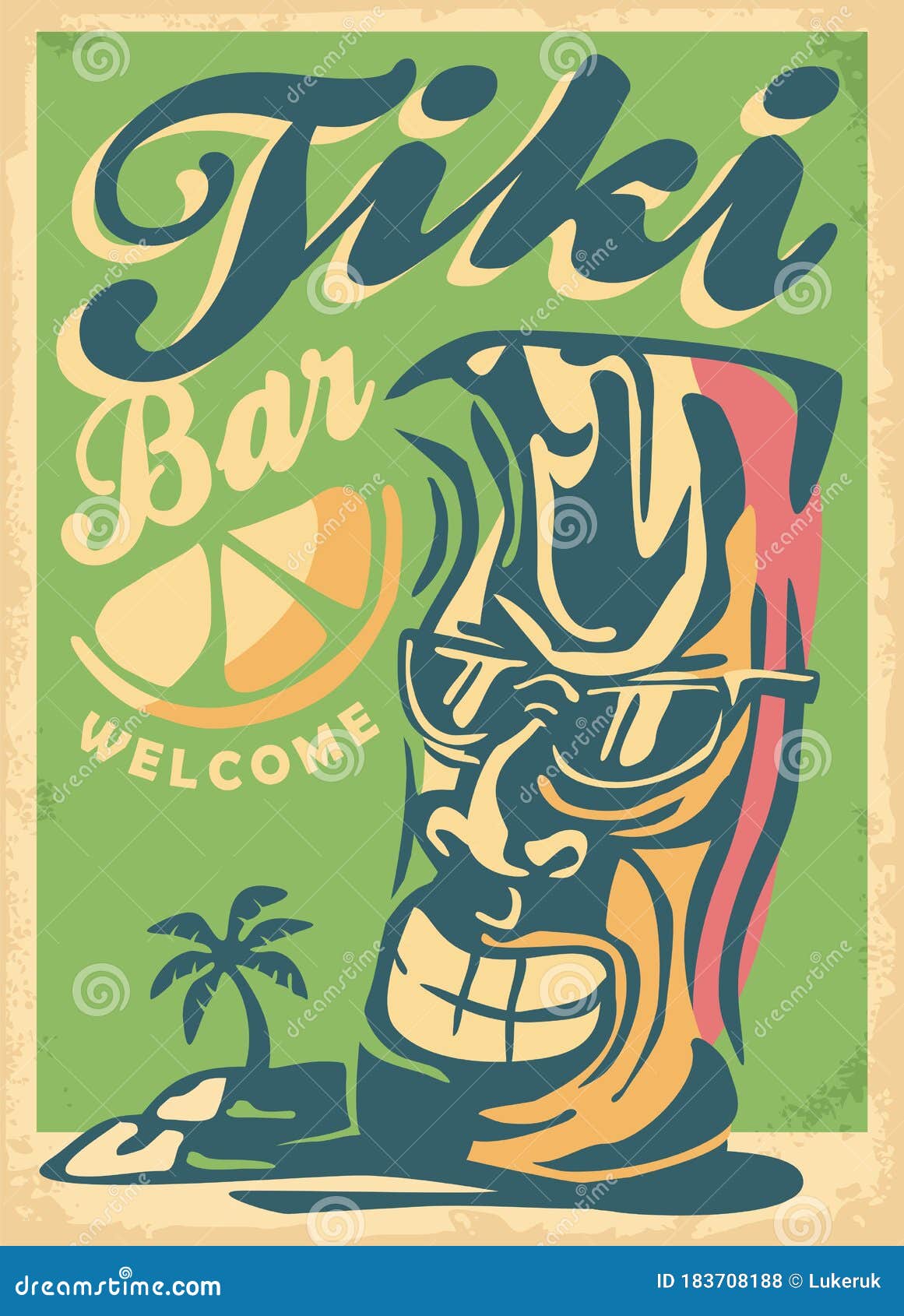 funky tiki mask mascot with sunglasses advertising tropical cafe bar