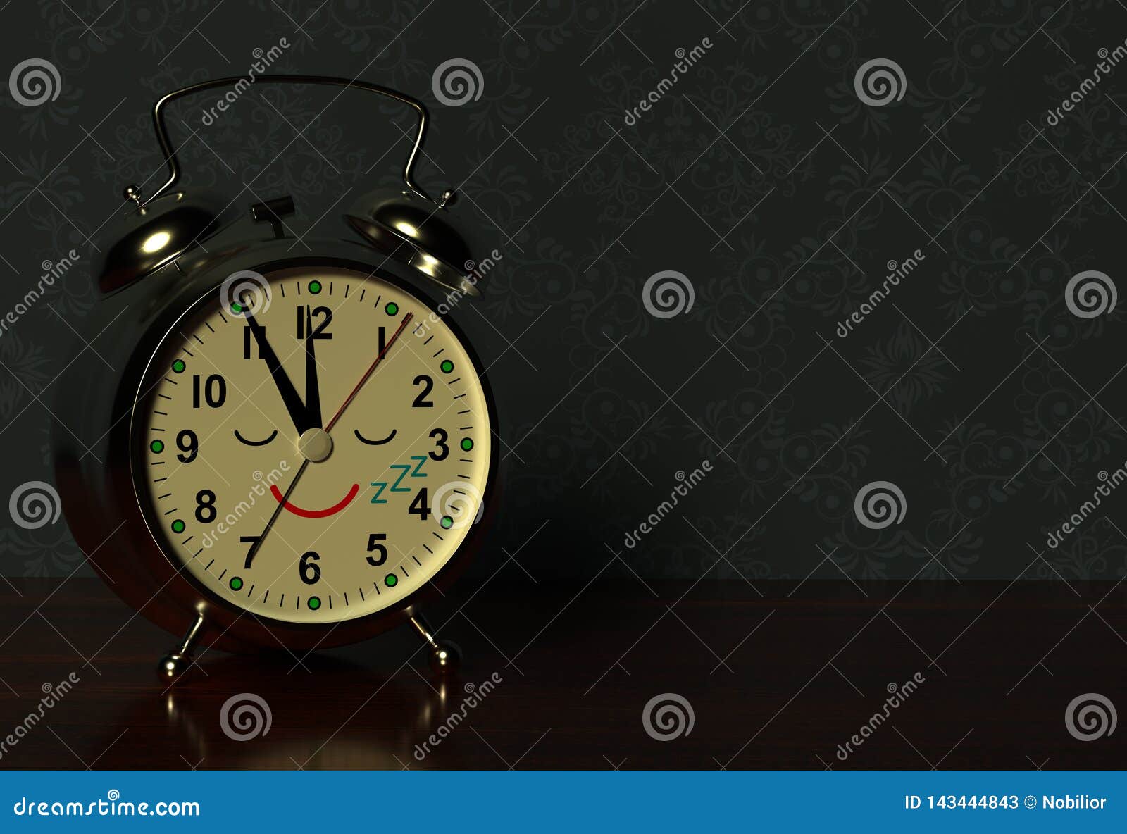 Funny Alarm Clock Sleeps on a Table in Dark Bedroom. 3D Stock