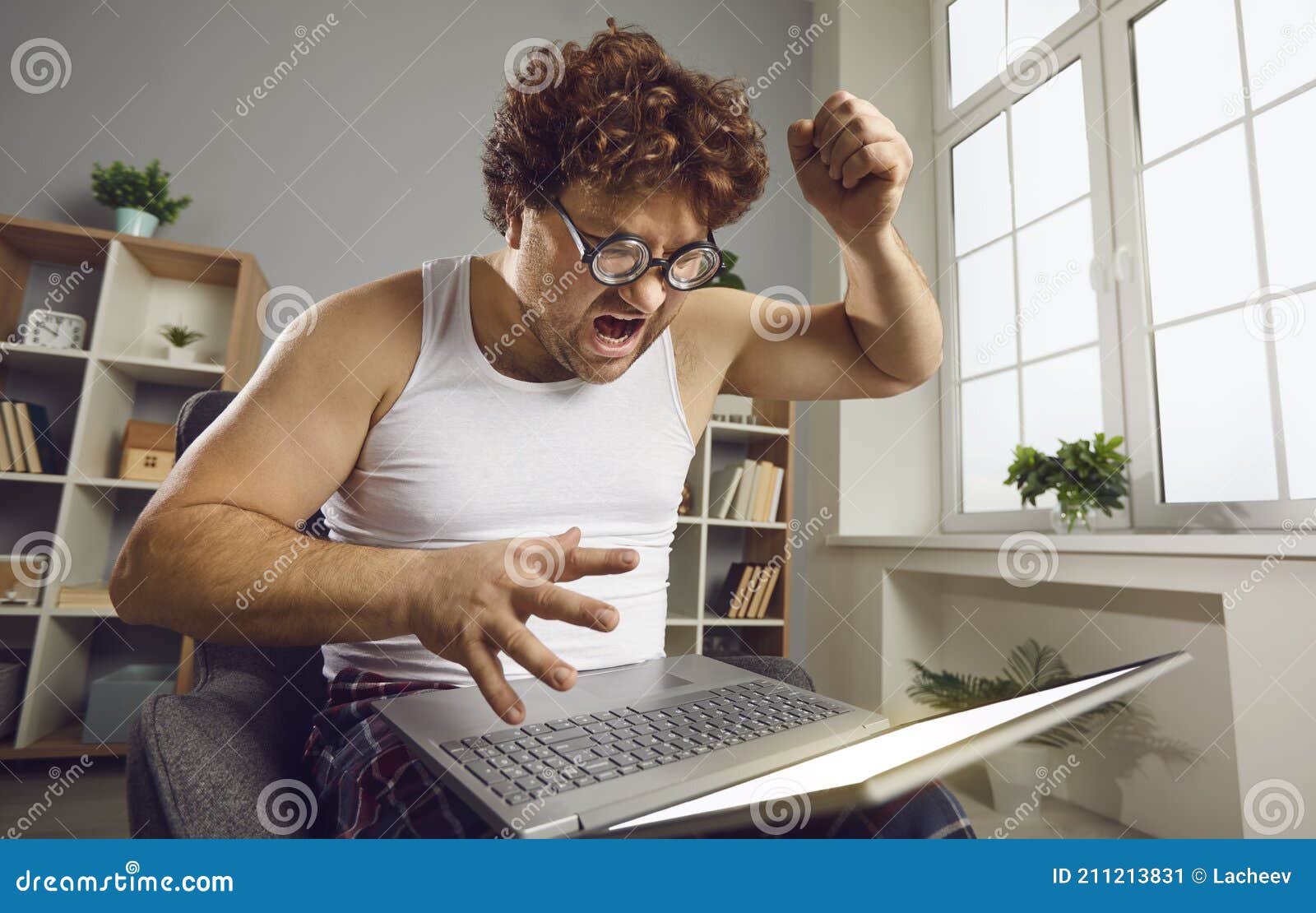 Funny Nerdy Man Having Problem with His Laptop, Shouting and Threatening To  Break it Stock Image - Image of internet, backup: 211213831
