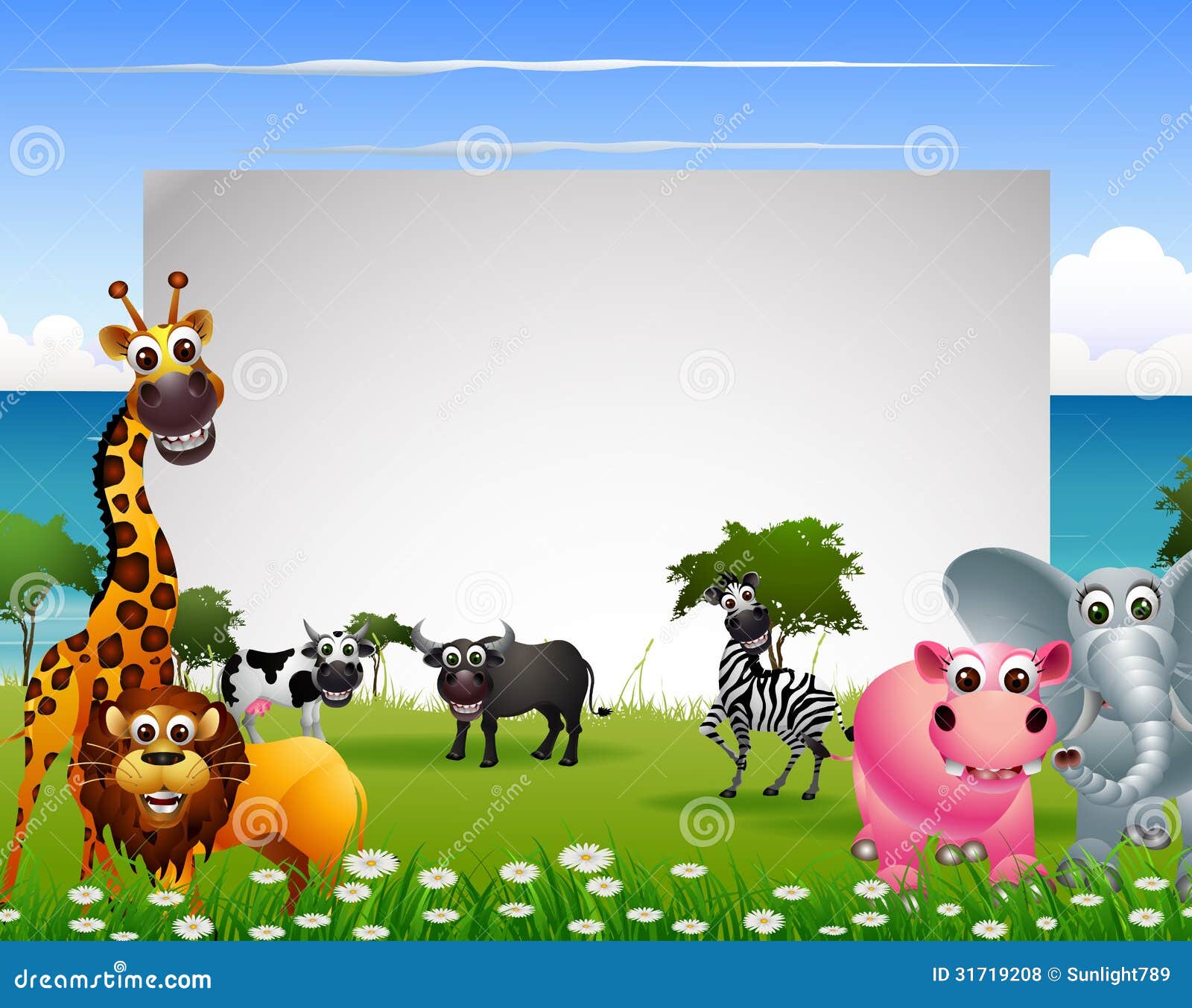 Funny Animal Cartoon with Beach Background and Blank Sign Stock  Illustration - Illustration of monkey, group: 31719208