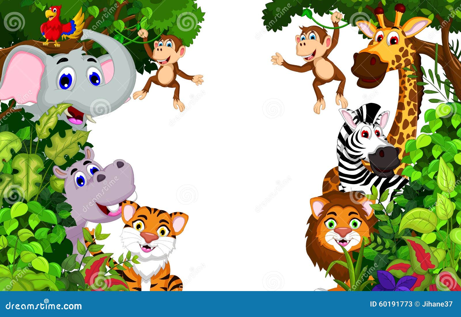 Funny Animal Cartoon with Forest Background Stock Illustration -  Illustration of baboon, rhino: 60191773