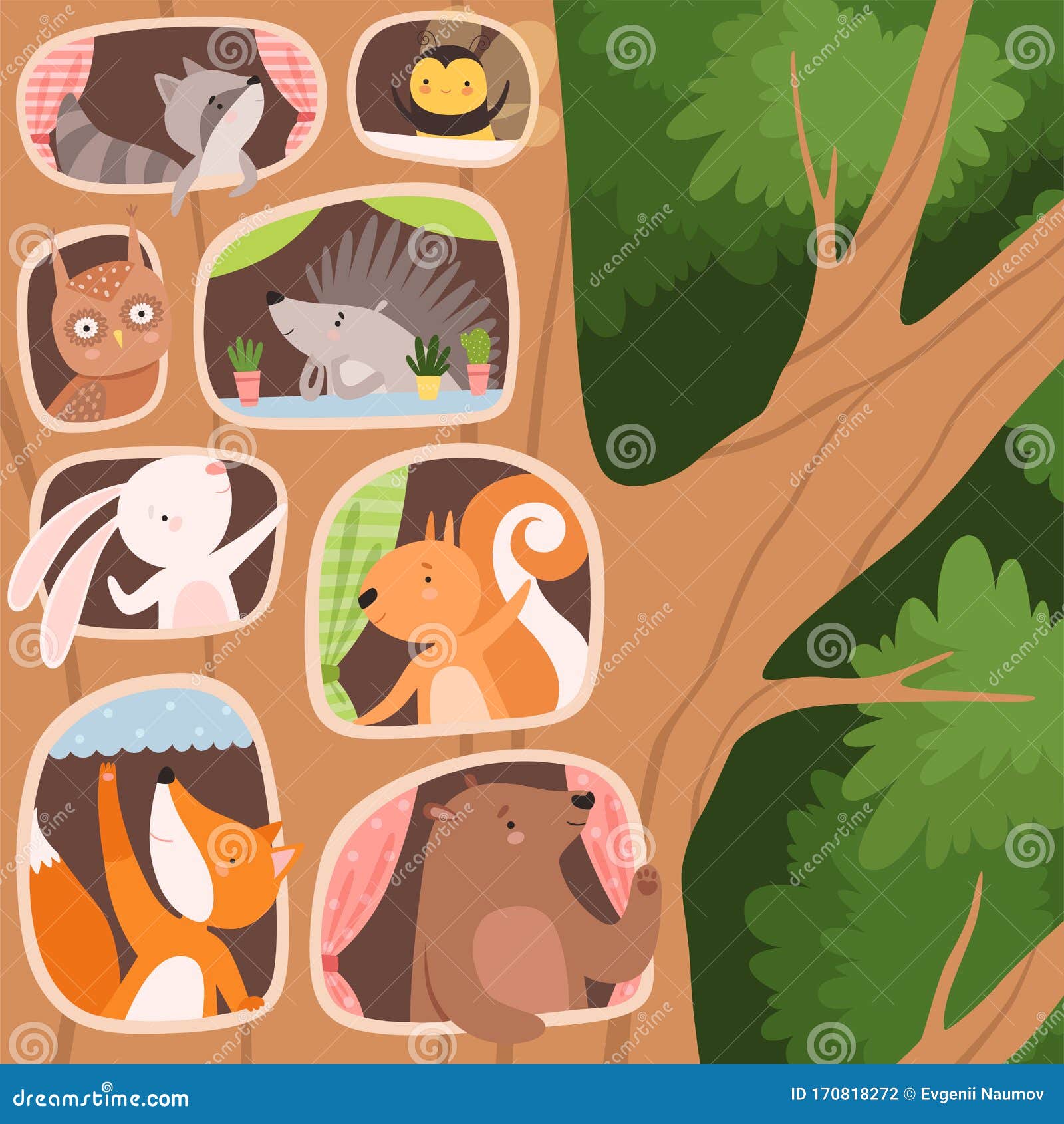 Animals Inside the Tree Hollow Arranging Their Cozy Homes Vector Stock Vector - Illustration of nature,