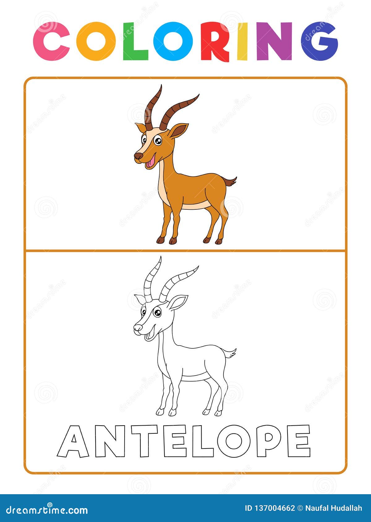 funny antelope deer animal coloring book with example. preschool worksheet for practicing fine colors recognition skill. 