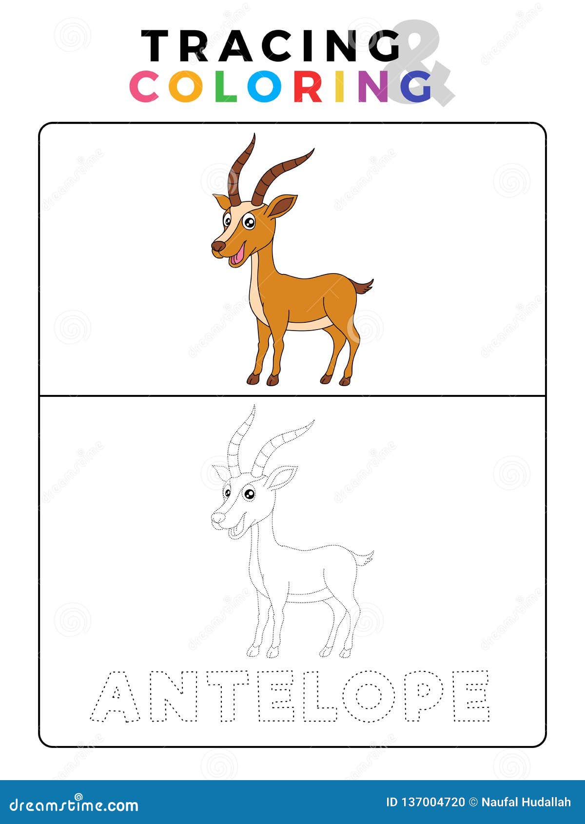 Funny Antelope Deer Animal Tracing And Coloring Book With Example