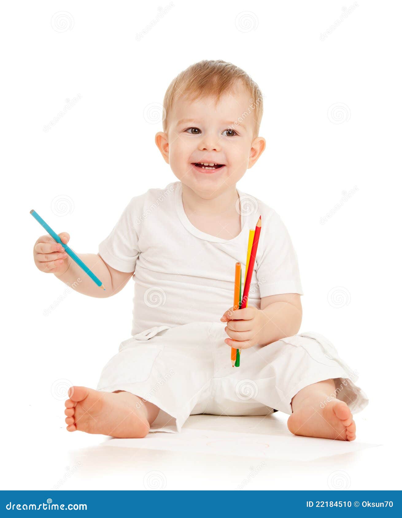 Funny Baby Boy Drawing With Color Pencils Stock Photo ...
