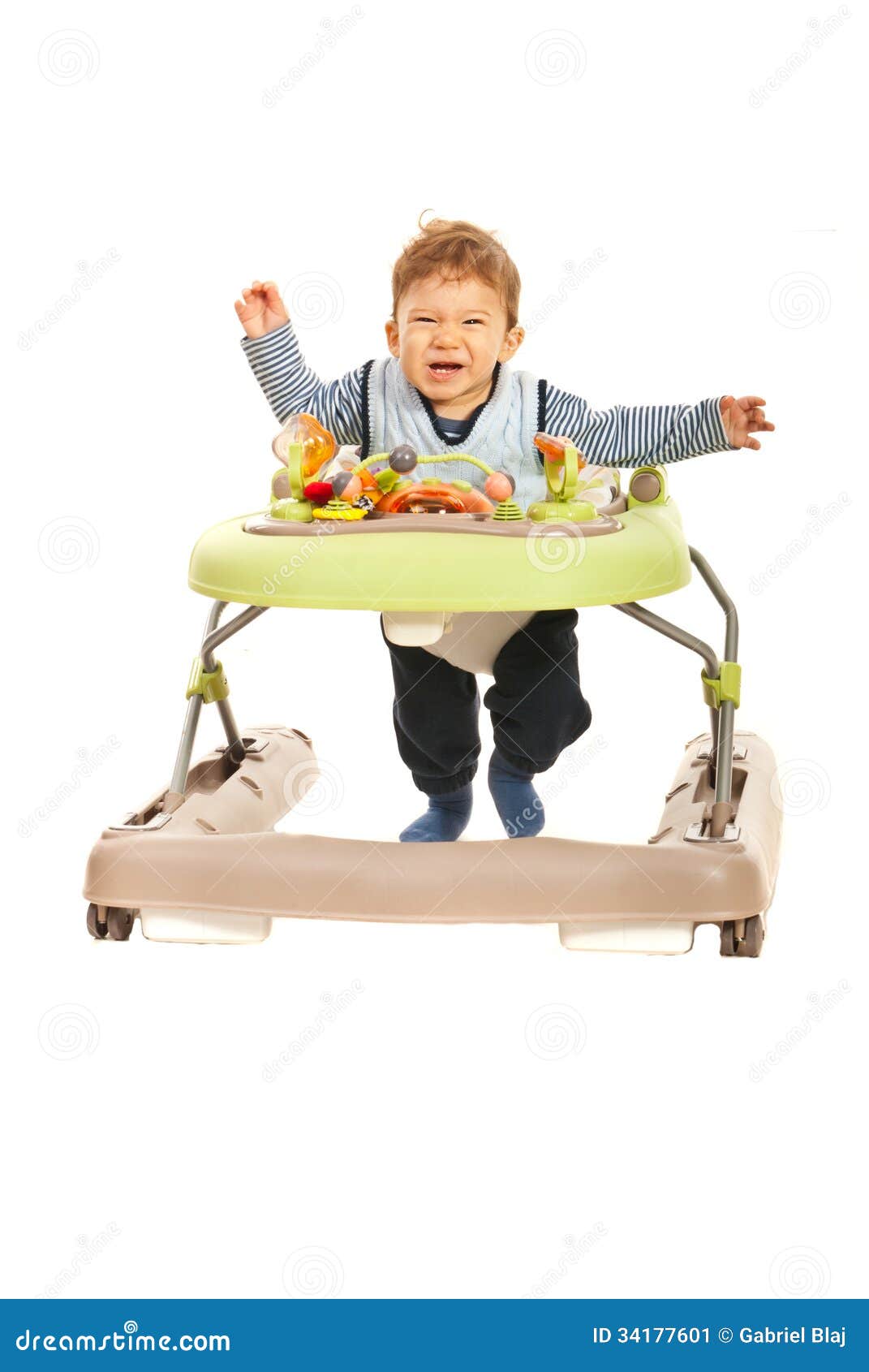 funny baby running walker to you isolated white background 34177601