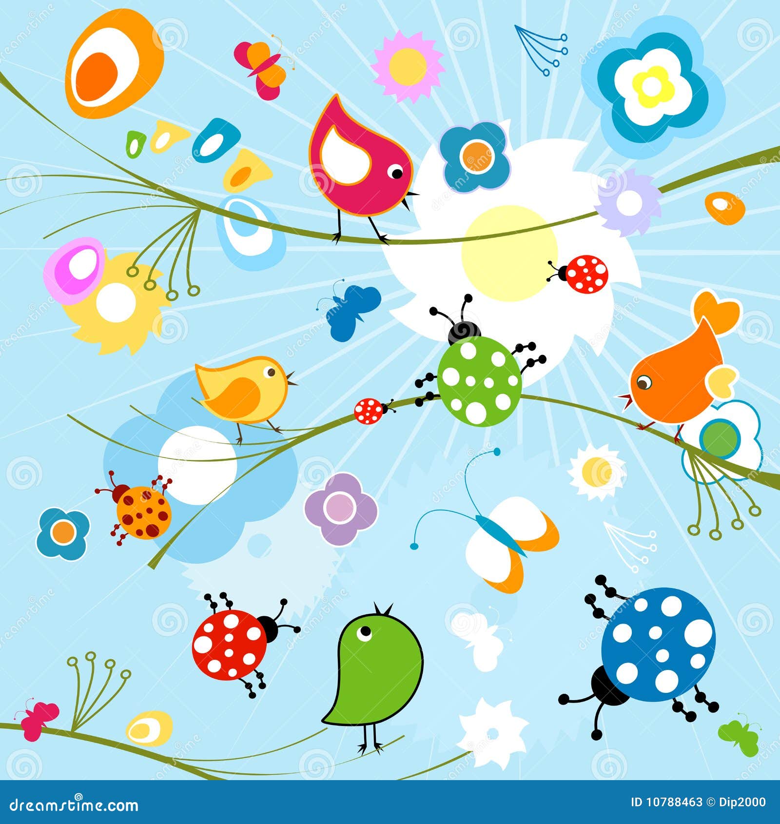 Funny background. Insects and cute birds, seamless pattern