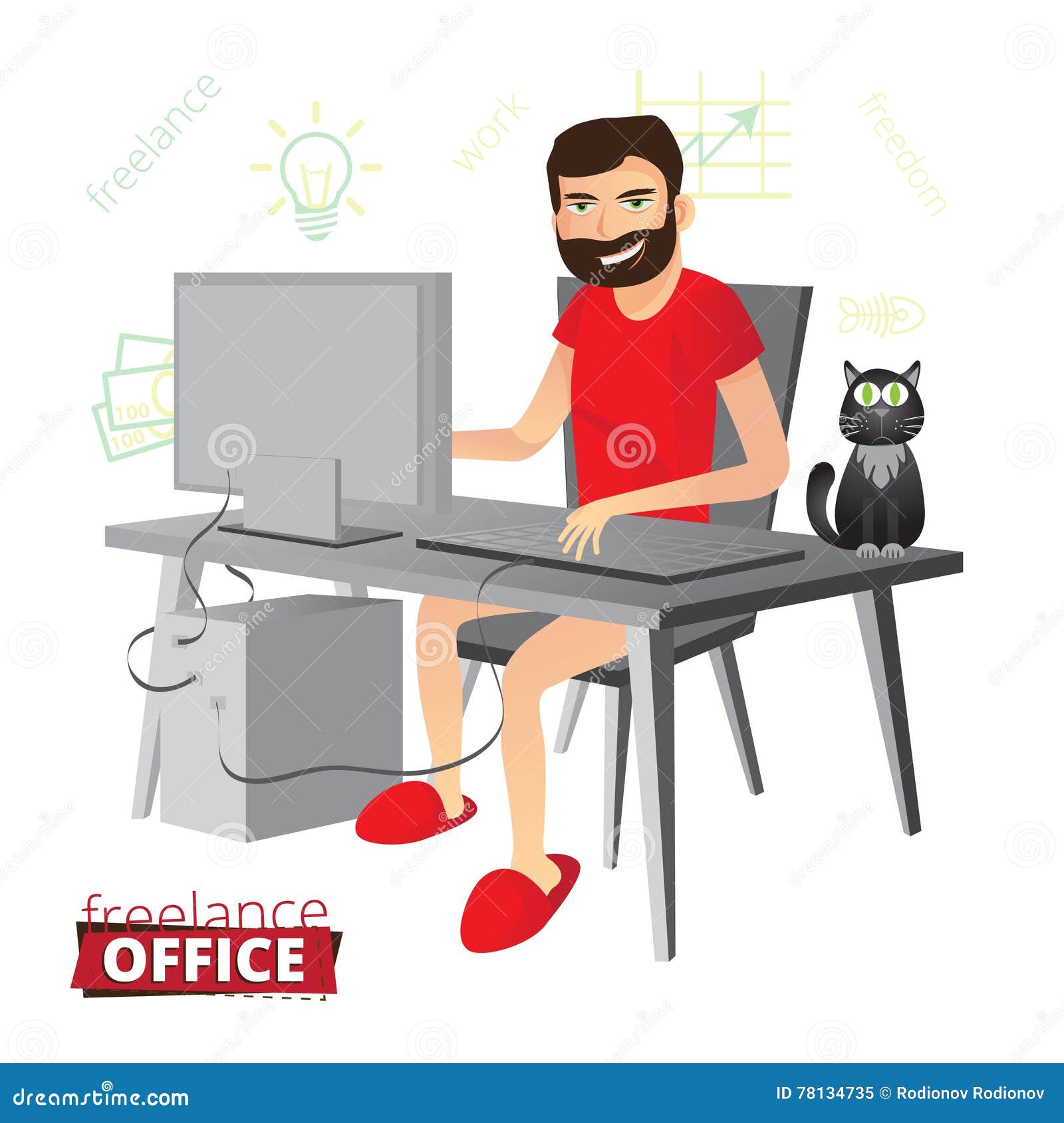 Funny Bearded Freelancer Working at Home on the Computer with No ...