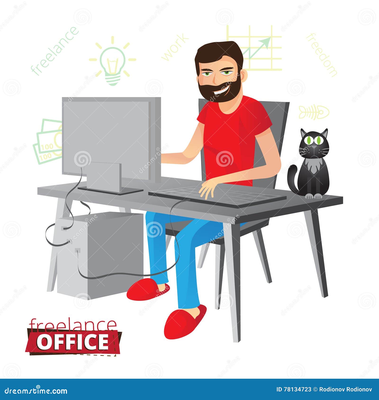 Funny Bearded Freelancer Working at Home on the Computer in Red ...